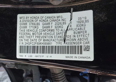 2019 Honda Civic Sport z USA, uszkodzony, nr VIN 2HGFC2F89KH569861